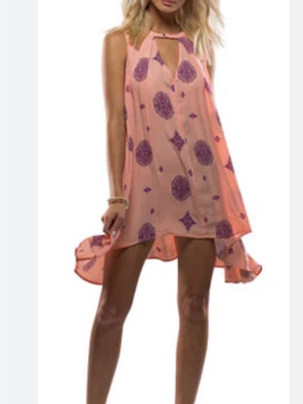 Free People Coral Shift Dress with Purple Medallion Print